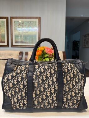 Authentic Dior Navy and Beige Logo Canvas Weekender Bag